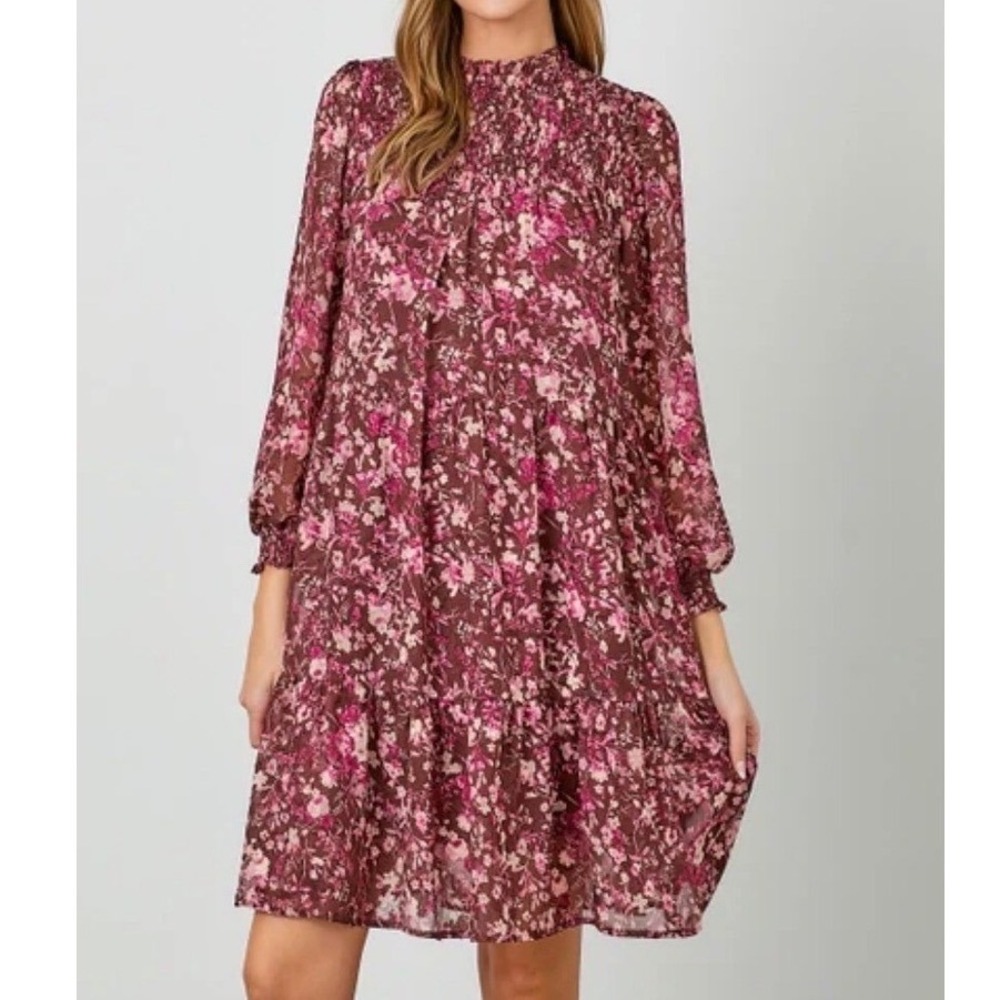 Polagram‎ Floral Smocked Tiered Dress Brown Burgundy 2X Boho Romantic Shimmer